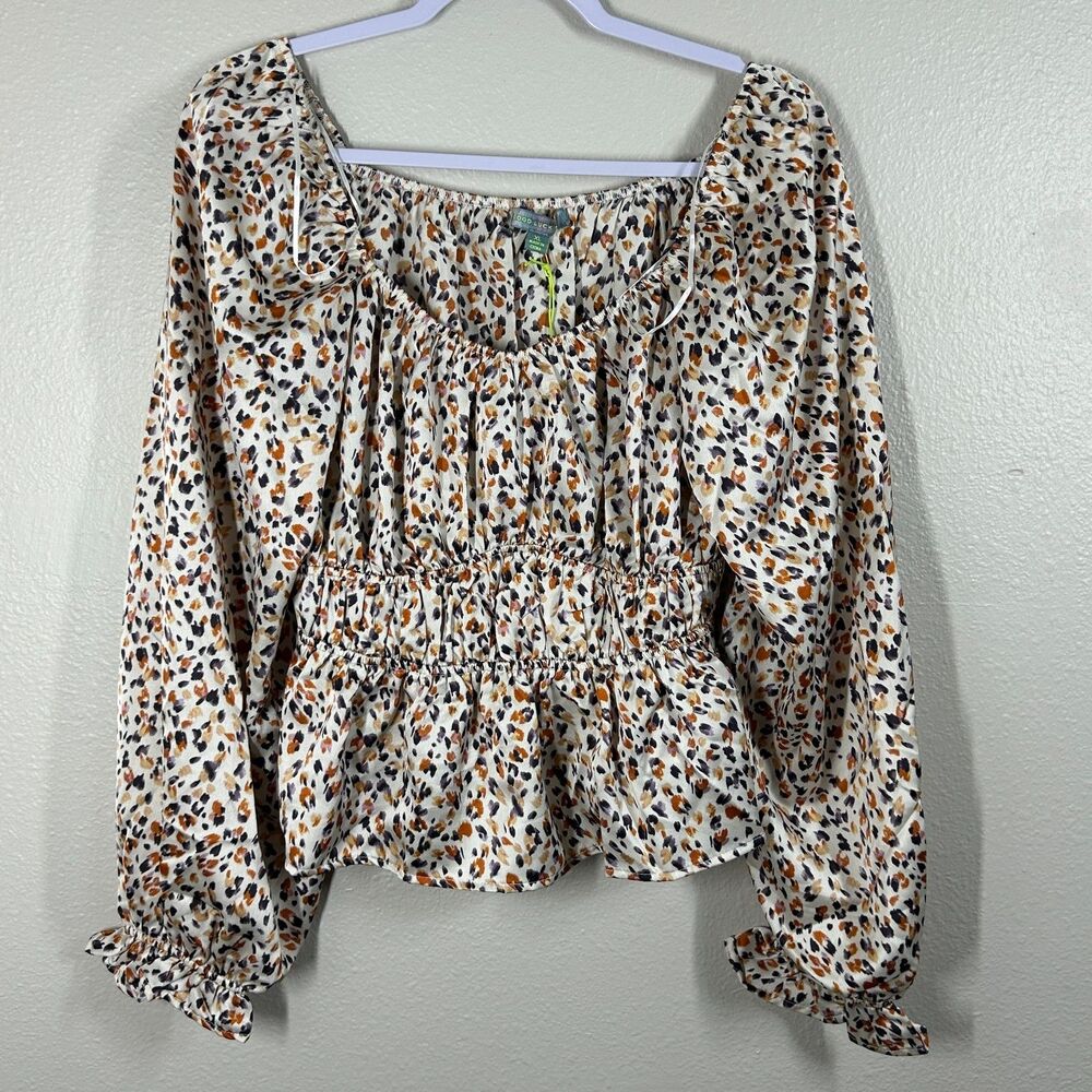 Good Luck Gem Womens Blouse XL Multicolor Animal Print Smocked Long Sleeve